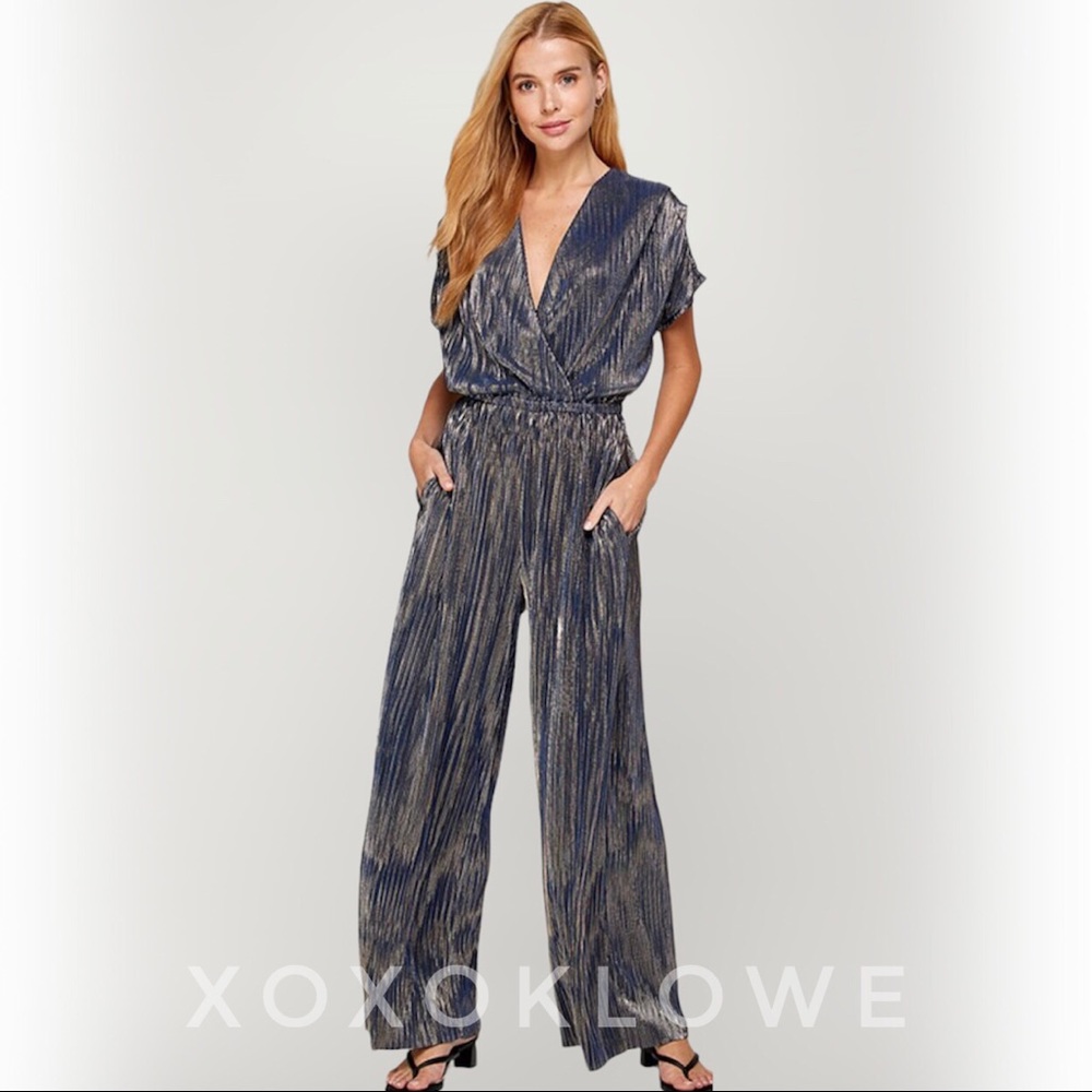 Midnight Blue Gold Lurex Shimmer Plisse Short Sleeve Jumpsuit Relaxed Fit